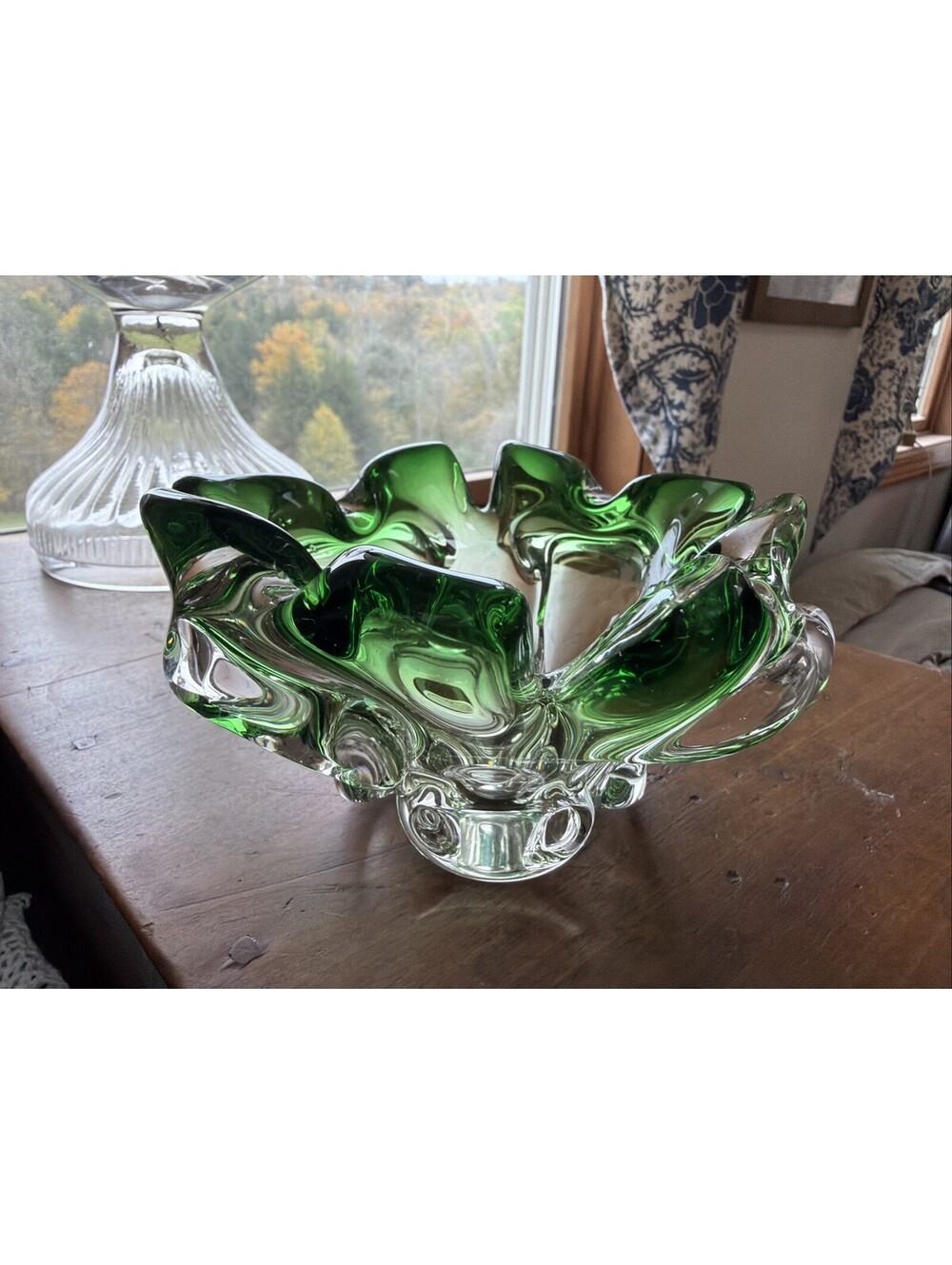 Vintage Murano Style Hand Blown Bowl Ashtray Cigar Green Art Glass MCM Ruffled